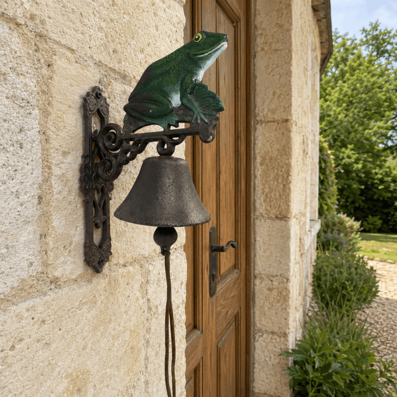 Grande cloche de porte grenouille en fonte près d’une entrée