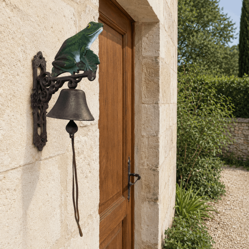 Sonnette murale grenouille verte sur une façade en pierre