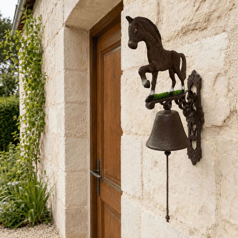 Grande cloche de porte cheval en fonte sur façade en pierre