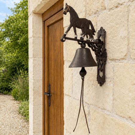 Grande cloche de porte jument et poulain sur façade en pierre