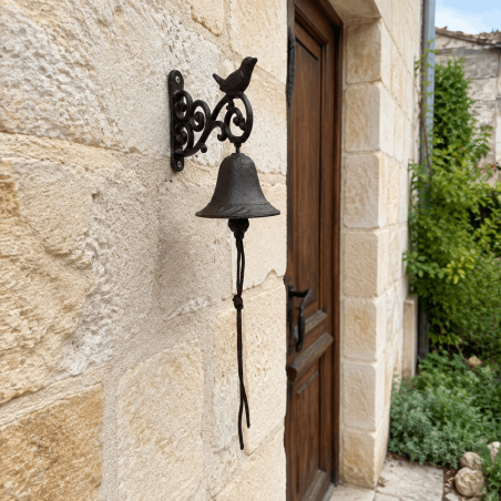 Cloche de porte oiseau en fonte installée près d’une entrée