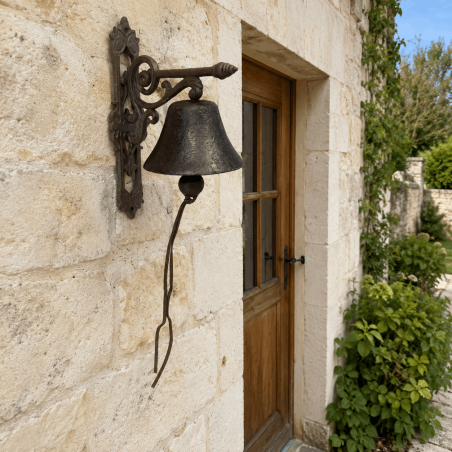 Grande cloche murale en fonte installée sur une façade en pierre