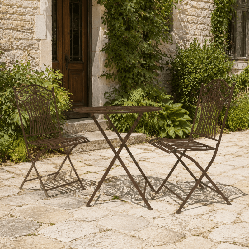 Ensemble bistrot marron patiné installé sur une terrasse en pierre