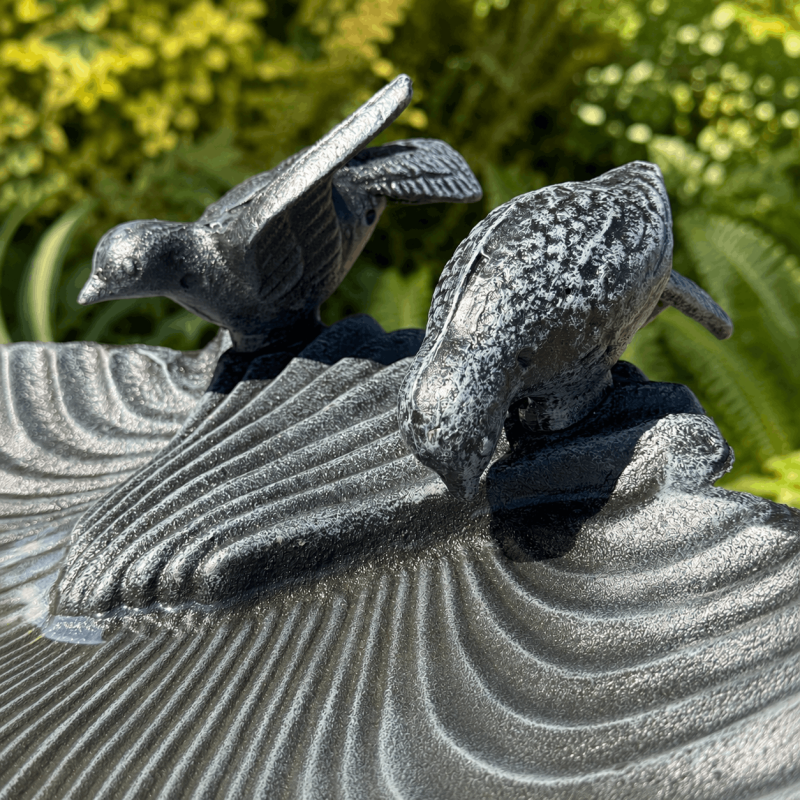 Deux oiseaux décoratifs en fonte posés sur la vasque coquillage