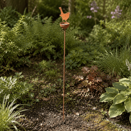 Pic tuteur décoratif avec oiseau et coupelle pour graines