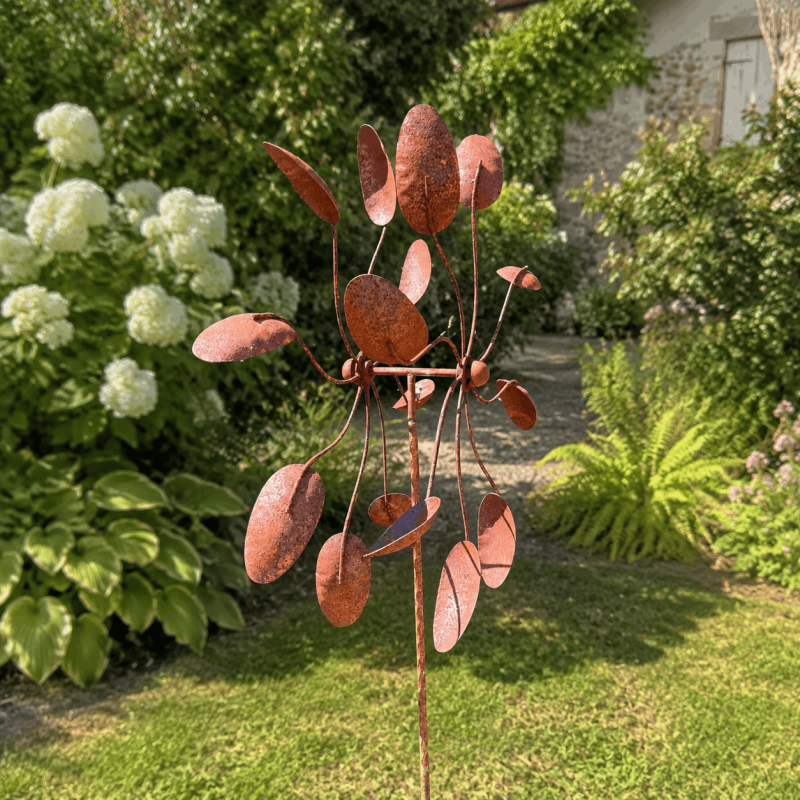 Éolienne de jardin en métal rouillé avec deux roues à rotation inversée