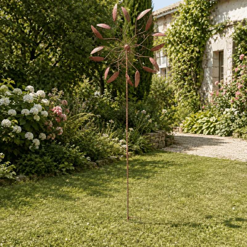 Grande éolienne en métal rouillé de 237 cm installée dans le jardin