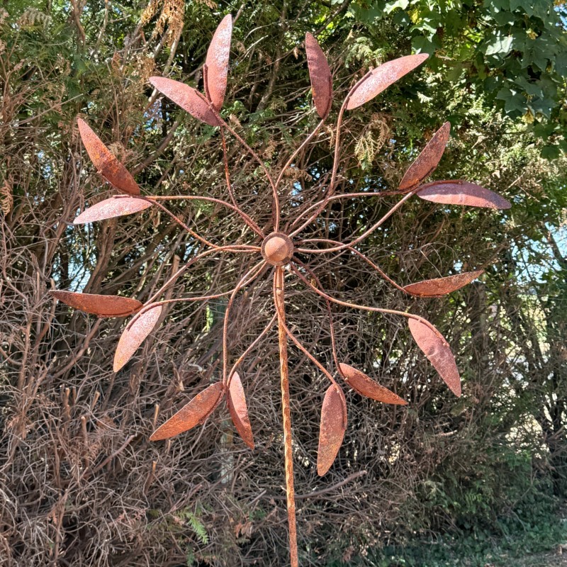 Grande éolienne de jardin double rotation en métal rouillé – Ø 80 cm