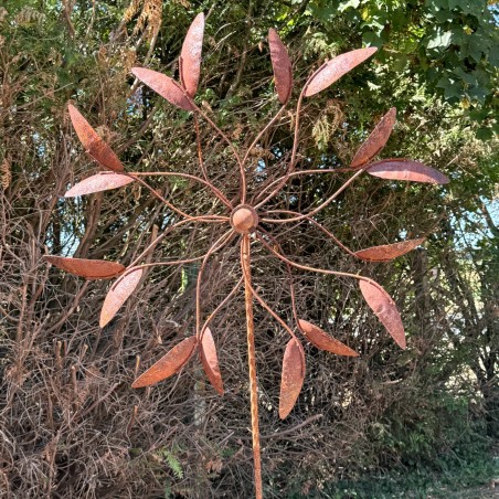 Grande éolienne de jardin double rotation en métal rouillé – Ø 80 cm