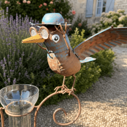 Corbeau en métal ailes déployées sur pluviomètre de jardin