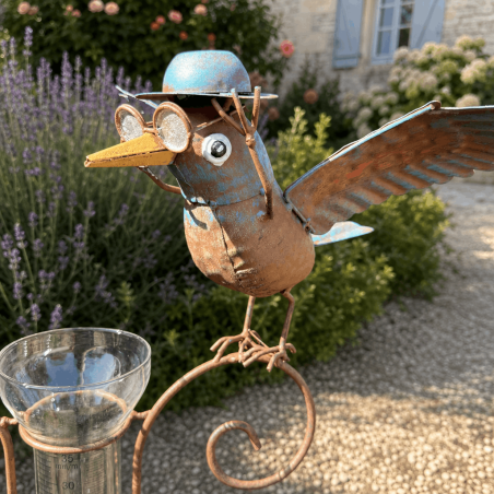 Corbeau en métal ailes déployées sur pluviomètre de jardin