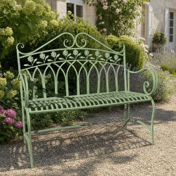 Banc de jardin vert sauge patiné en métal style romantique