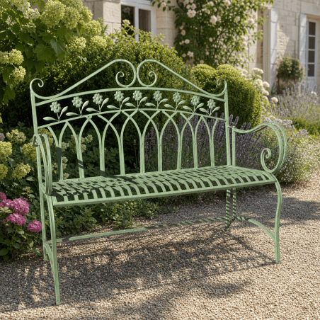 Banc de jardin vert sauge patiné en métal style romantique