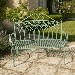 Banc de jardin en métal vert patiné à motifs floraux 112 cm