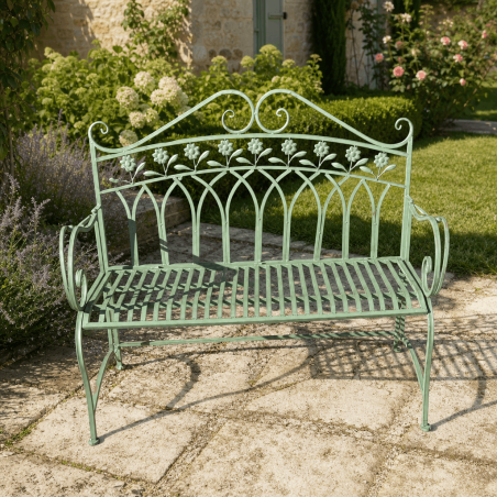 Banc de jardin en métal vert patiné à motifs floraux 112 cm