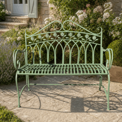 Banc de jardin en métal vert avec dossier décoré de fleurs