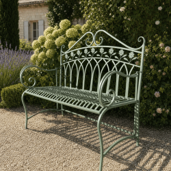 Banc extérieur en métal vert patiné avec accoudoirs à volutes