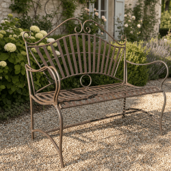 Banc de jardin en fer forgé à volutes et dossier en éventail
