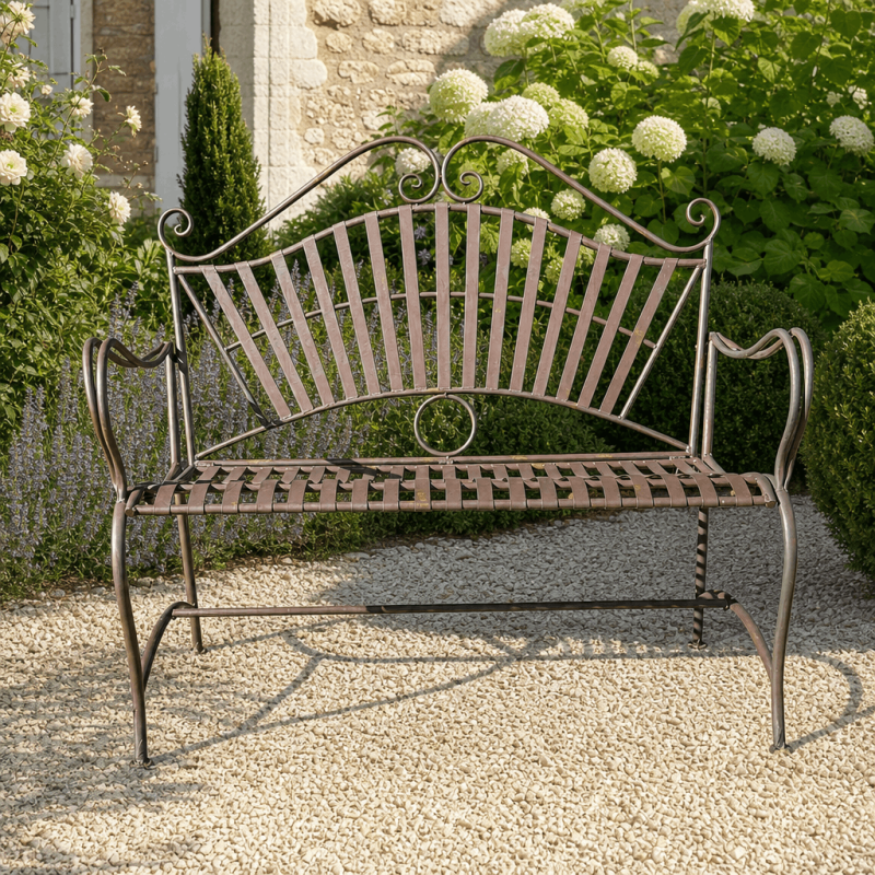 Banc de jardin fer forgé arabesque brun rouille patiné