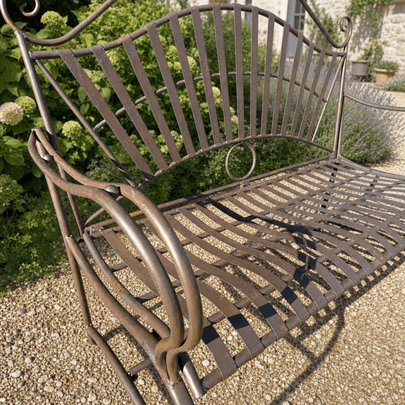 Assise arrondie du banc de jardin fer forgé arabesque