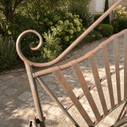 Détail arabesques et dossier du banc de jardin en fer forgé