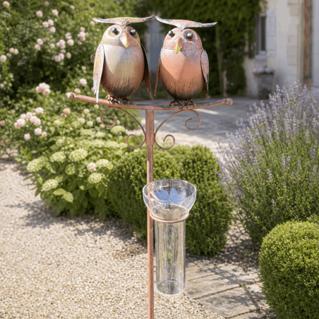 Pluviomètre de jardin deux chouettes avec entonnoir en verre gradué 35 mm