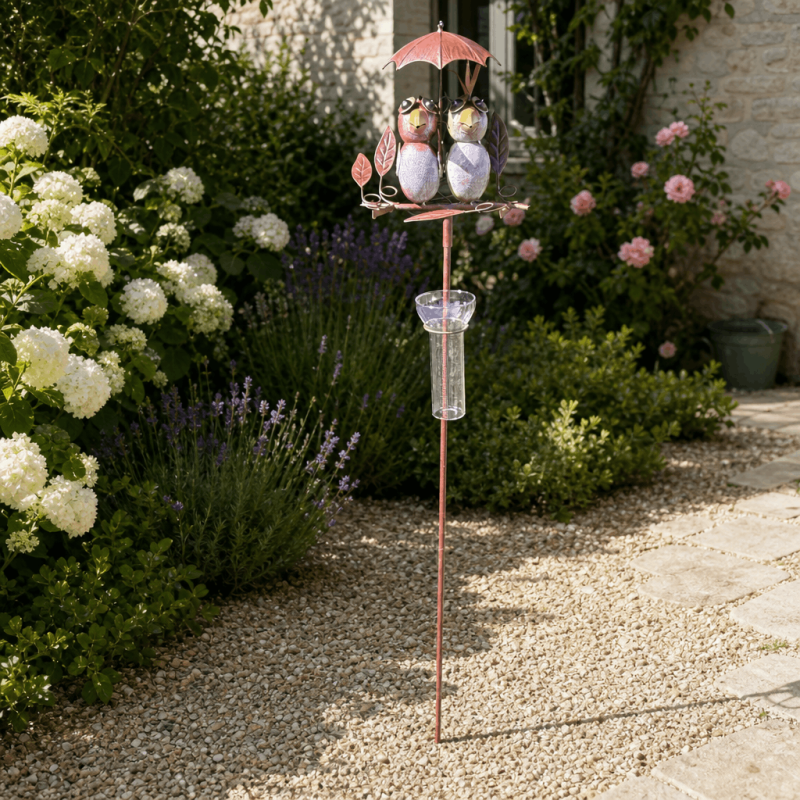 Pluviomètre décoratif à piquer deux oiseaux sous parapluie 135 cm