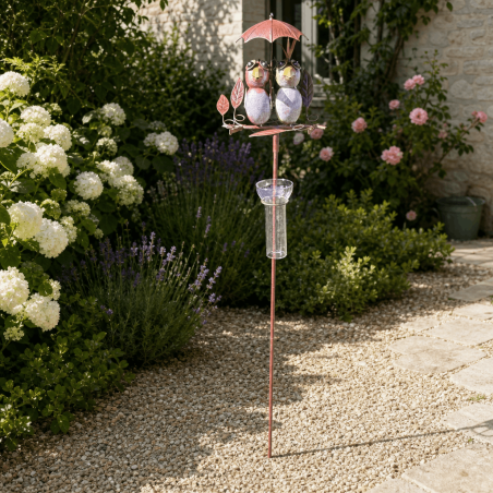 Pluviomètre décoratif à piquer deux oiseaux sous parapluie 135 cm