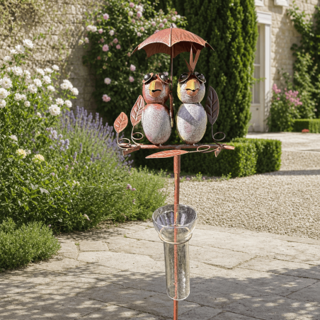 Pluviomètre décoratif à piquer 2 oiseaux sous parapluie – H 135 cm