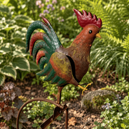 Coq décoratif en métal coloré avec ailes mobiles