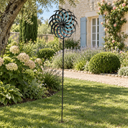 Éolienne décorative de jardin double hélice bleu et bordeaux – H 170 cm