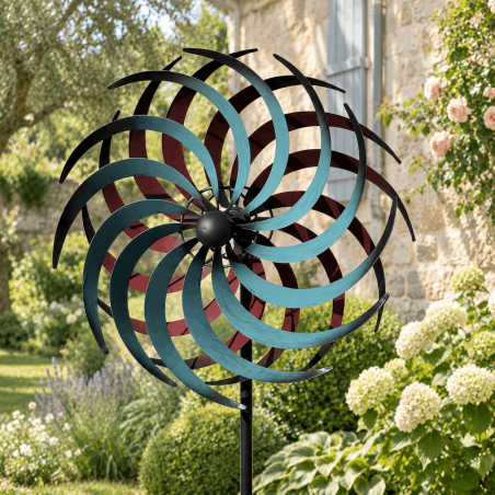 Éolienne de jardin en métal à deux hélices bleu turquoise et bordeaux
