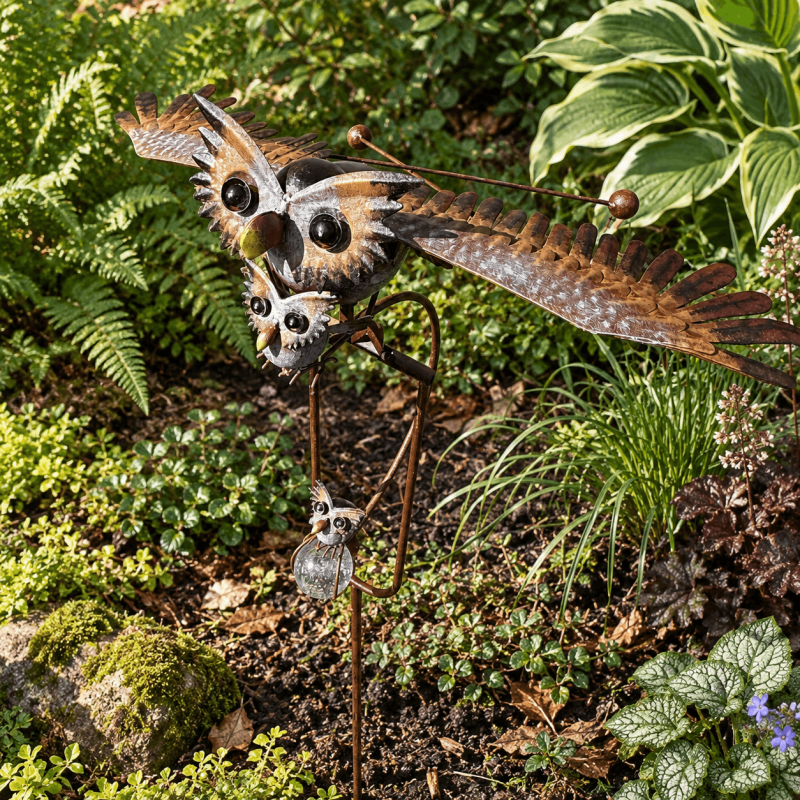 Mobile de jardin chouette à ailes articulées animé par le vent