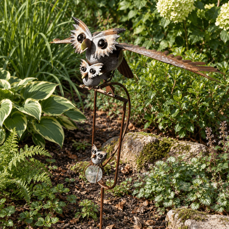Balancier de jardin chouette et bébés en métal patiné