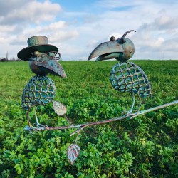 Pic de jardin décoratif, mobile, balancier en fer couple de corbeaux vue de prêt des sujets