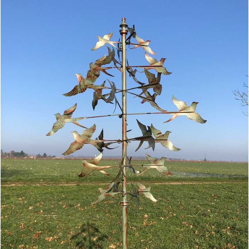 Éolienne décorative  De Jardin Moulin à Vent Verte Motif Oiseau Hauteur 233 cm vue de face 