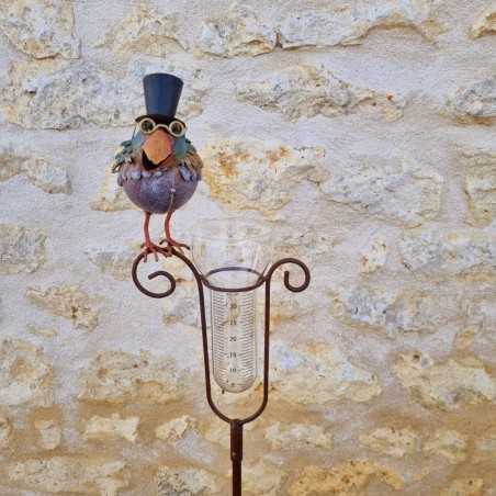 Pluviomètre décoratif modèle oiseau avec chapeau et entonnoir gradué vue de face