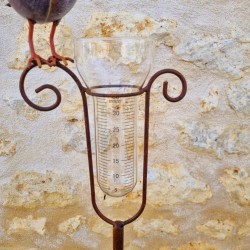 Pluviomètre décoratif modèle oiseau avec chapeau et entonnoir gradué vue du verre gradué