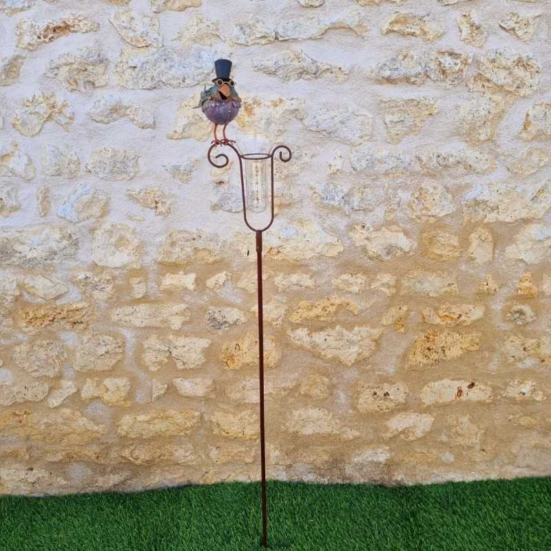 Pluviomètre décoratif modèle oiseau avec chapeau et entonnoir gradué vue entière
