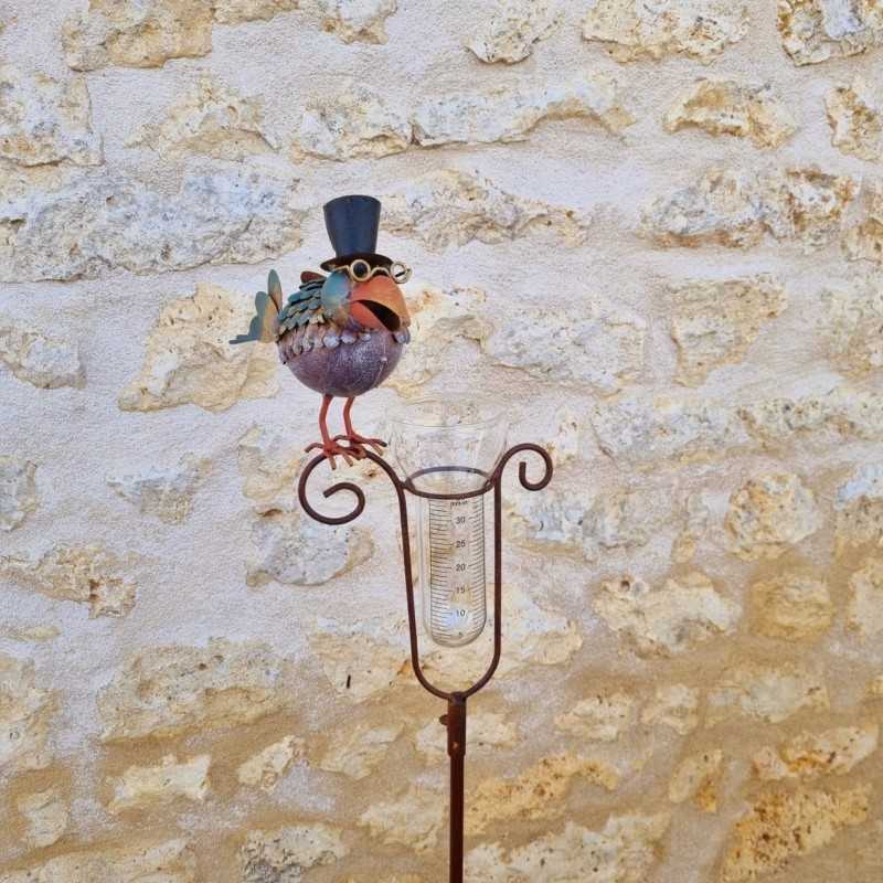Pluviomètre décoratif modèle oiseau avec chapeau et entonnoir gradué vued de face