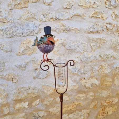 Pluviomètre décoratif modèle oiseau avec chapeau et entonnoir gradué vued de face