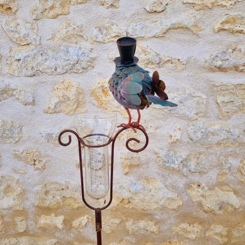 Pluviomètre décoratif modèle oiseau avec chapeau et entonnoir gradué vue arrière
