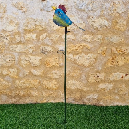 Pluviomètre déco en métal orné d''un oiseau enjoué 113x21x12 vue entière