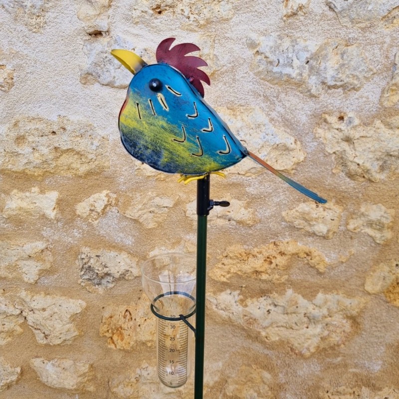 Pluviomètre déco en métal orné d''un oiseau enjoué 113x21x12