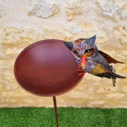 Pic de jardin décoratif, mangeoire, bain d'oiseaux en fer chouette coloré vue du dessus