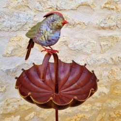 Mangeoire style parapluie sur pic métal avec oiseau décoratif vert