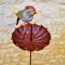 Mangeoire style parapluie sur pic métal avec oiseau décoratif vert