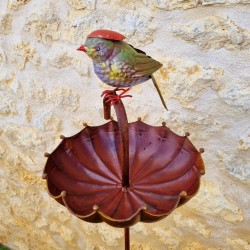 Mangeoire style parapluie sur pic métal avec oiseau décoratif vert