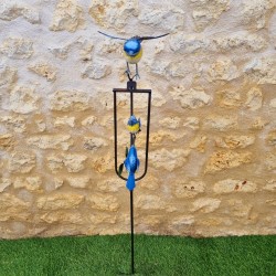 Mobile Balancier de Jardin en Métal Motif Oiseaux mésange bleue Hauteur 130 cm vue de face 