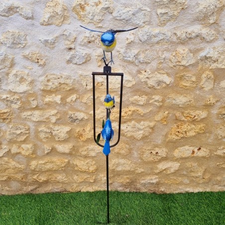 Mobile Balancier de Jardin en Métal Motif Oiseaux mésange bleue Hauteur 130 cm vue de face 